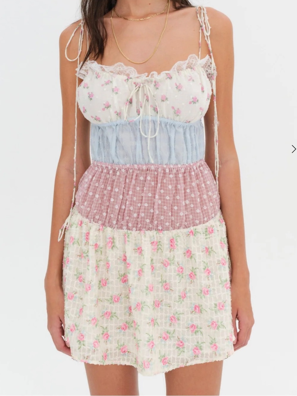 For Love And Lemons Pastel Patchwork Floral Tie-Shoulder Mini Dress